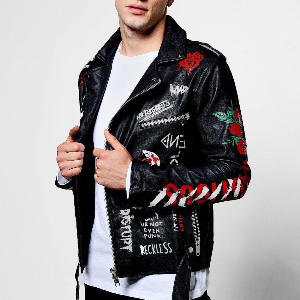 Boohoo Man Graffiti Biker Jacket